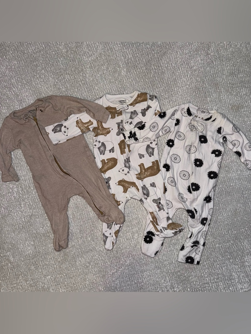 3 pc Carter's Neutral Brown, White & Black Footed One-Piece Trio 2way zipper 3-6